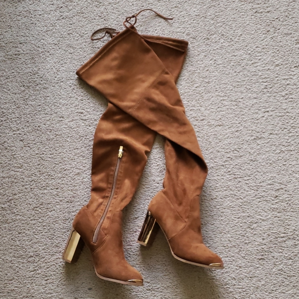 Catherine Malandrino Tan Over the Knee Boots with Gold Accents